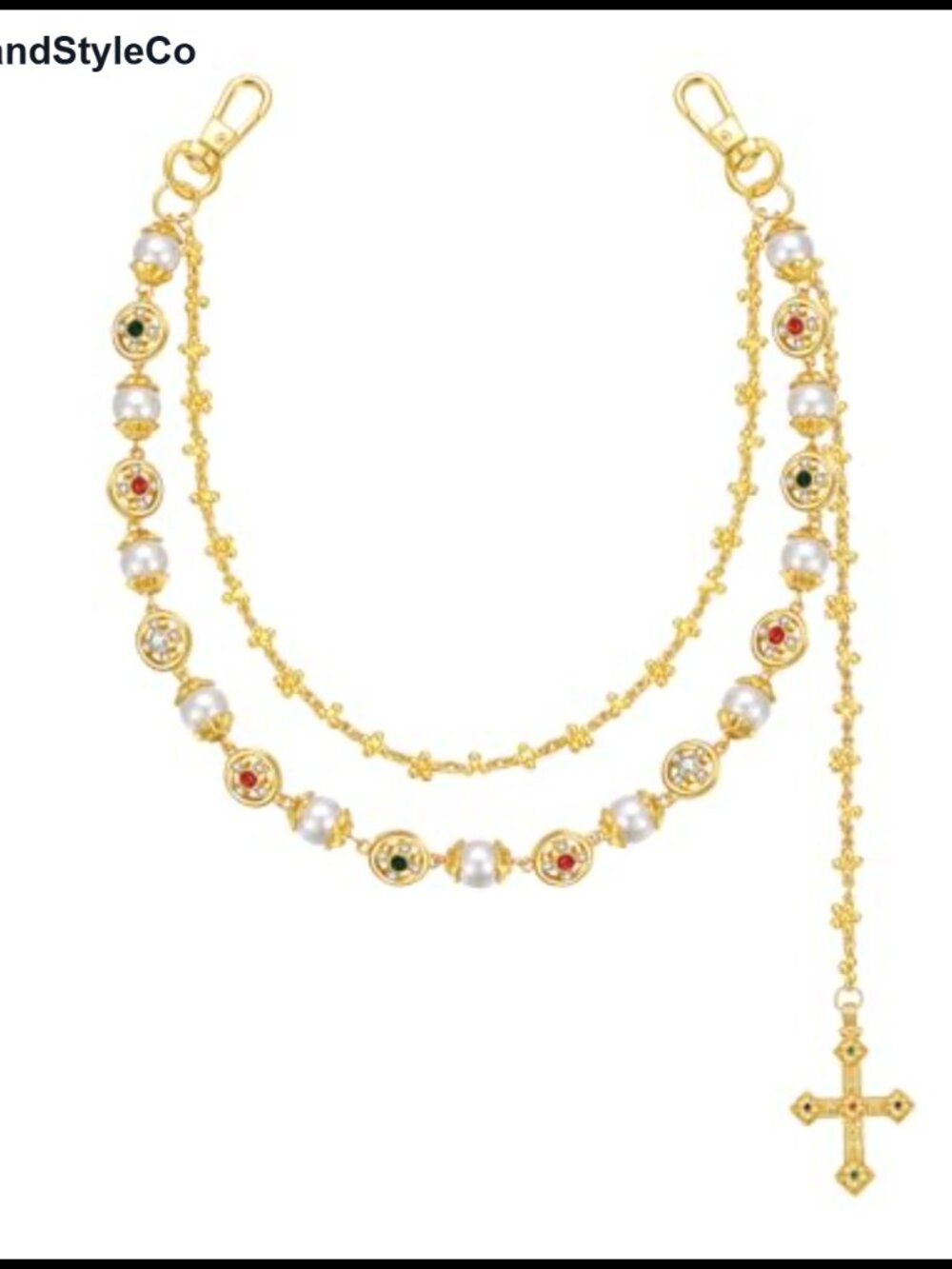 Layered Gold-tone Plated Pants Chain Faux Pearl Wallet Chain Cross Jewelry